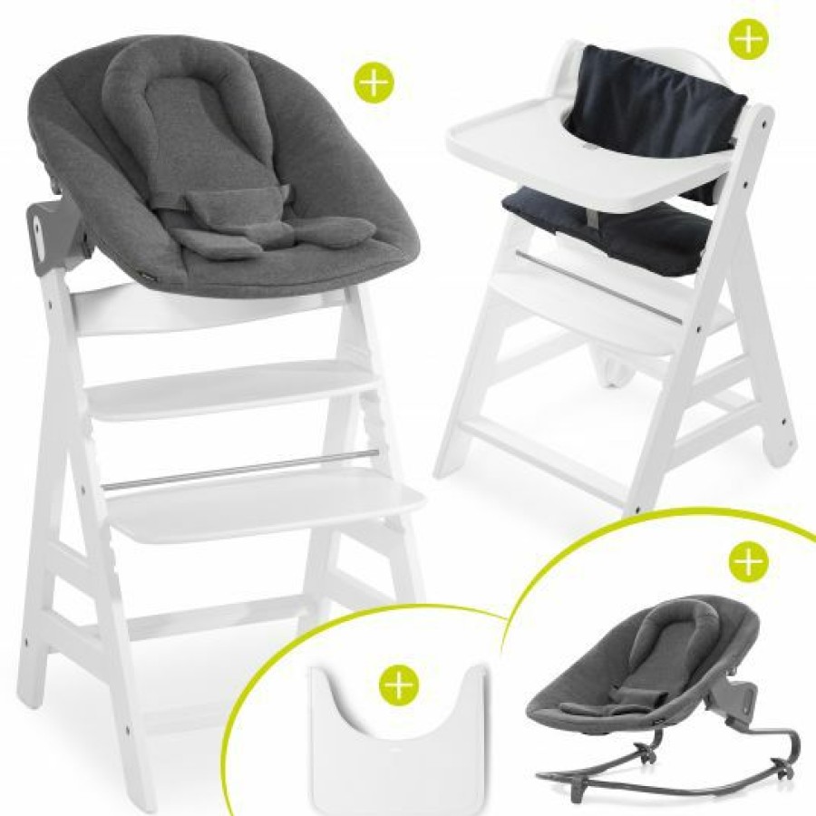 * Hauck Beta Plus White Newborn Set 5-Tlg. Hochstuhl + Aufsatz & Wippe Premium, Essbrett, Sitzkissen Jersey Charcoal