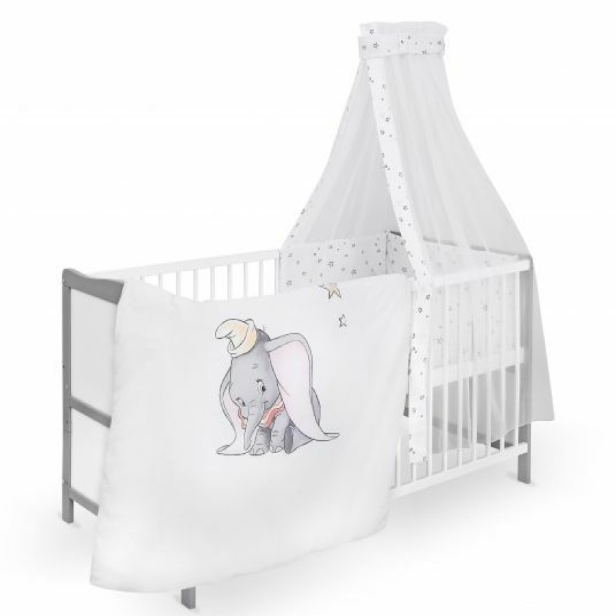 * Jonka Babybett-Komplett-Set Moritz Inkl. Bettwasche, Himmel, Nestchen & Matratze 70 140 Cm Bw Dumbo Weis Grau