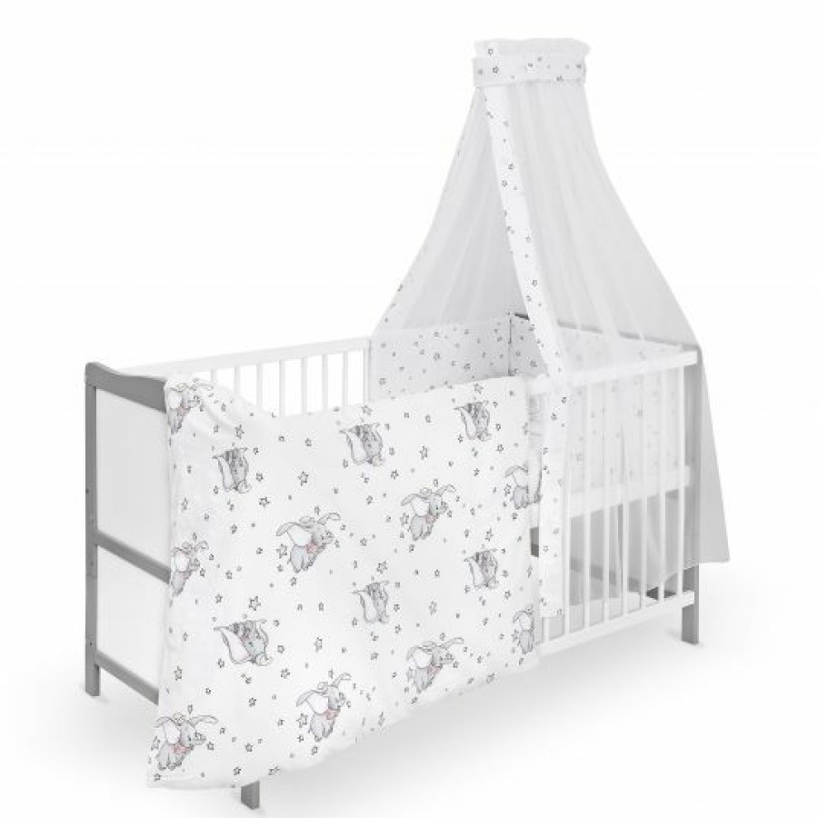 * Jonka Babybett-Komplett-Set Moritz Inkl. Bettwasche, Himmel, Nestchen & Matratze 70 140 Cm Bw Dumbo Weis Grau