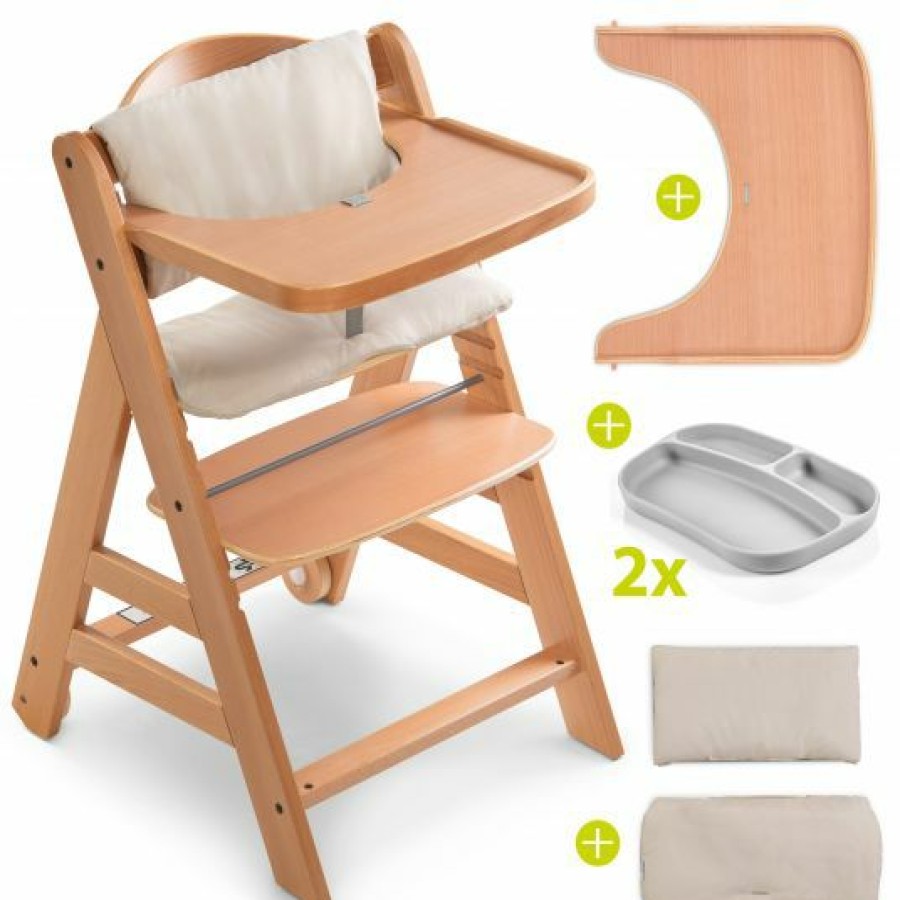 * Hauck Hochstuhl Alpha Plus Move Natur Im Sparset Inkl. Essbrett, Sitzkissen Deluxe Beige Und 2X Silikonteller