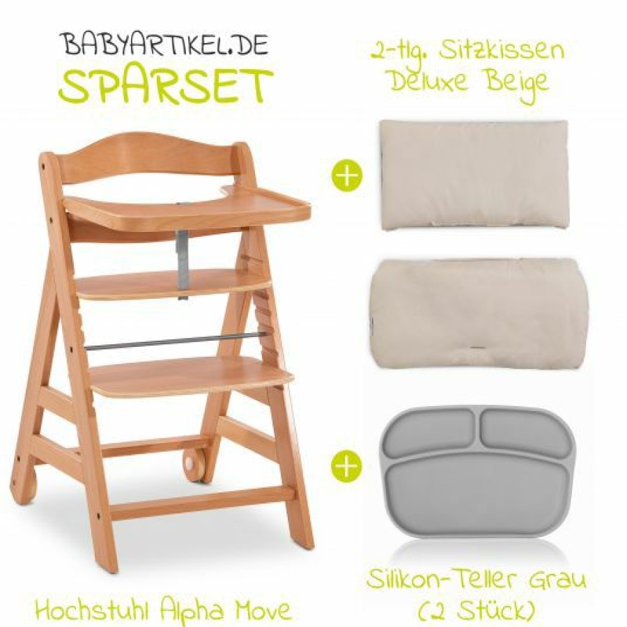 * Hauck Hochstuhl Alpha Plus Move Natur Im Sparset Inkl. Essbrett, Sitzkissen Deluxe Beige Und 2X Silikonteller