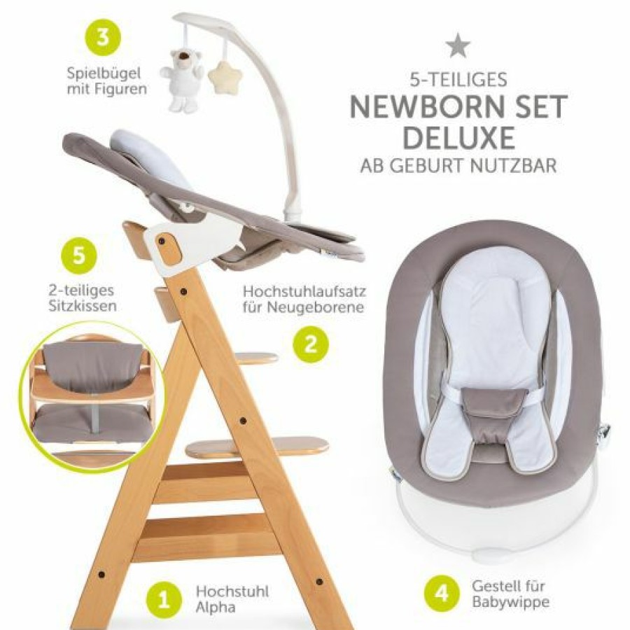 * Hauck Alpha Plus Natur Newborn Set Deluxe 4-Tlg. Hochstuhl + Neugeborenenaufsatz (Ruckenlehne Verstellbar) + Sitzkissen