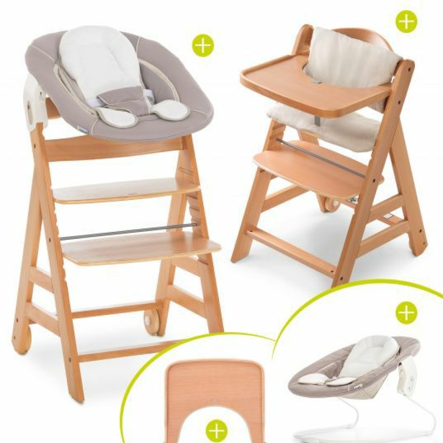 * Hauck Alpha Move Natur Newborn Set 5-Tlg. Hochstuhl + Aufsatz & Wippe, Essbrett, Sitzkissen Stretch Beige