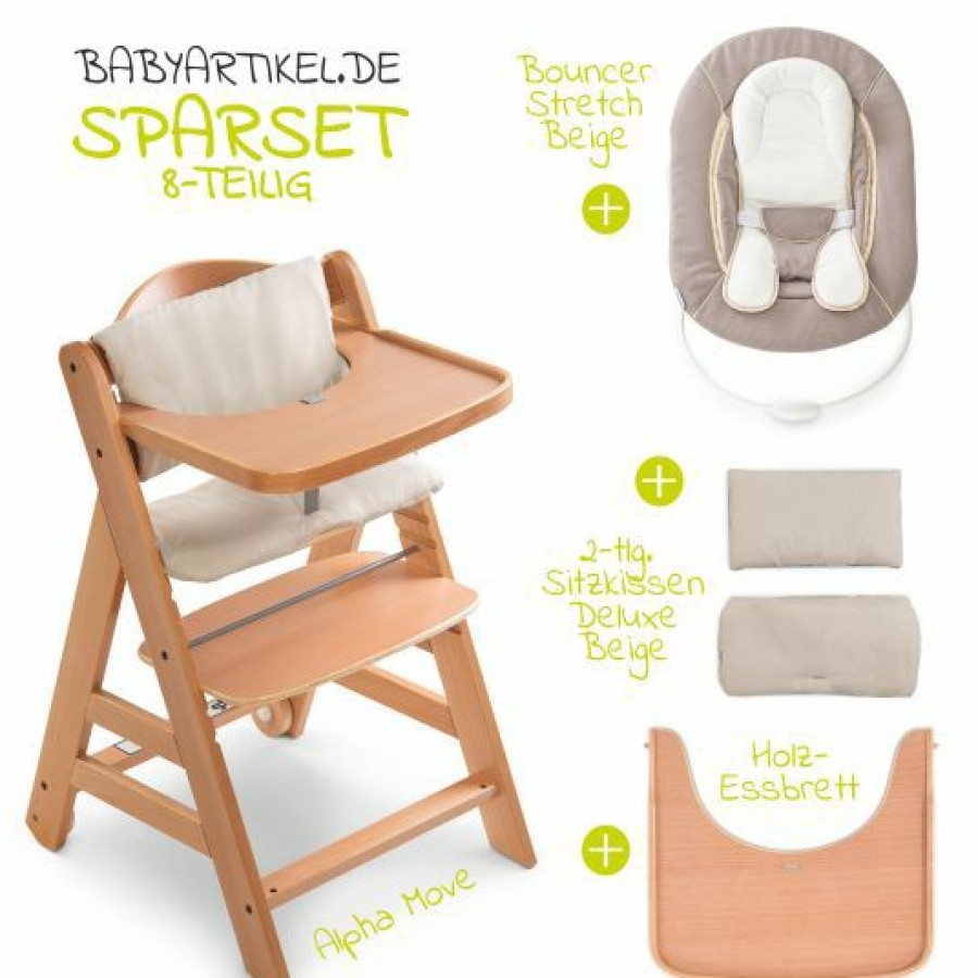 * Hauck Alpha Move Natur Newborn Set 5-Tlg. Hochstuhl + Aufsatz & Wippe, Essbrett, Sitzkissen Stretch Beige