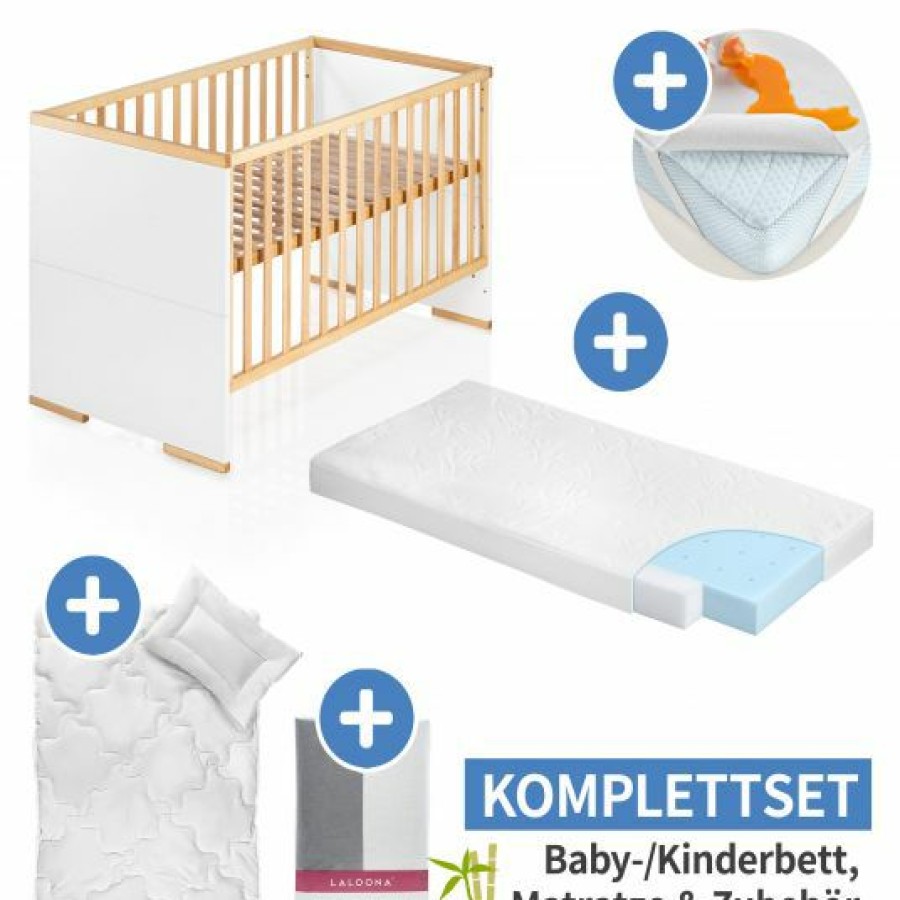 * Schardt 7-Tlg. Kinderbett & Matratze Bamboo, Steppbett 100 135+40 60, 2X Bettlaken, Einlage 70 X 140 Cm Natur Weis