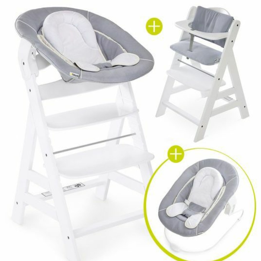 * Hauck Alpha Plus White Newborn Set 4-Tlg. Hochstuhl + Neugeborenenaufsatz & Wippe Stretch Grey + Sitzkissen