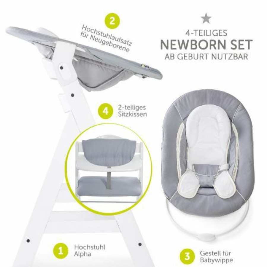 * Hauck Alpha Plus White Newborn Set 4-Tlg. Hochstuhl + Neugeborenenaufsatz & Wippe Stretch Grey + Sitzkissen