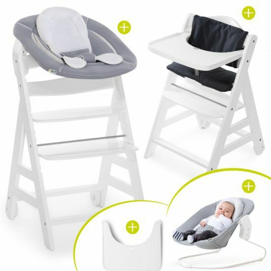 * Hauck Beta Plus White Newborn Set 5-Tlg. Hochstuhl + Aufsatz & Wippe, Essbrett, Sitzkissen Stretch Grey