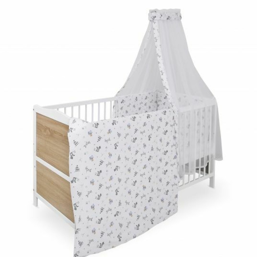 * Jonka Babybett-Komplett-Set Max Inkl. Bettwasche, Himmel, Nestchen & Matratze 70 X 140 Cm Spielparty Weis Eiche