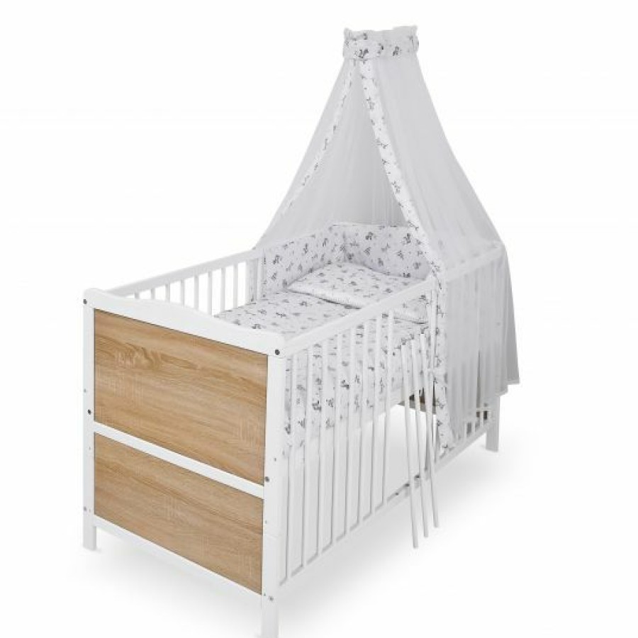 * Jonka Babybett-Komplett-Set Max Inkl. Bettwasche, Himmel, Nestchen & Matratze 70 X 140 Cm Spielparty Weis Eiche