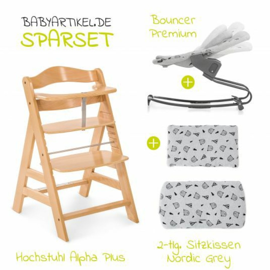 * Hauck Alpha Plus Natur Newborn Set 4-Tlg. Hochstuhl + Aufsatz & Wippe Premium Nordic Grey + Sitzpolster