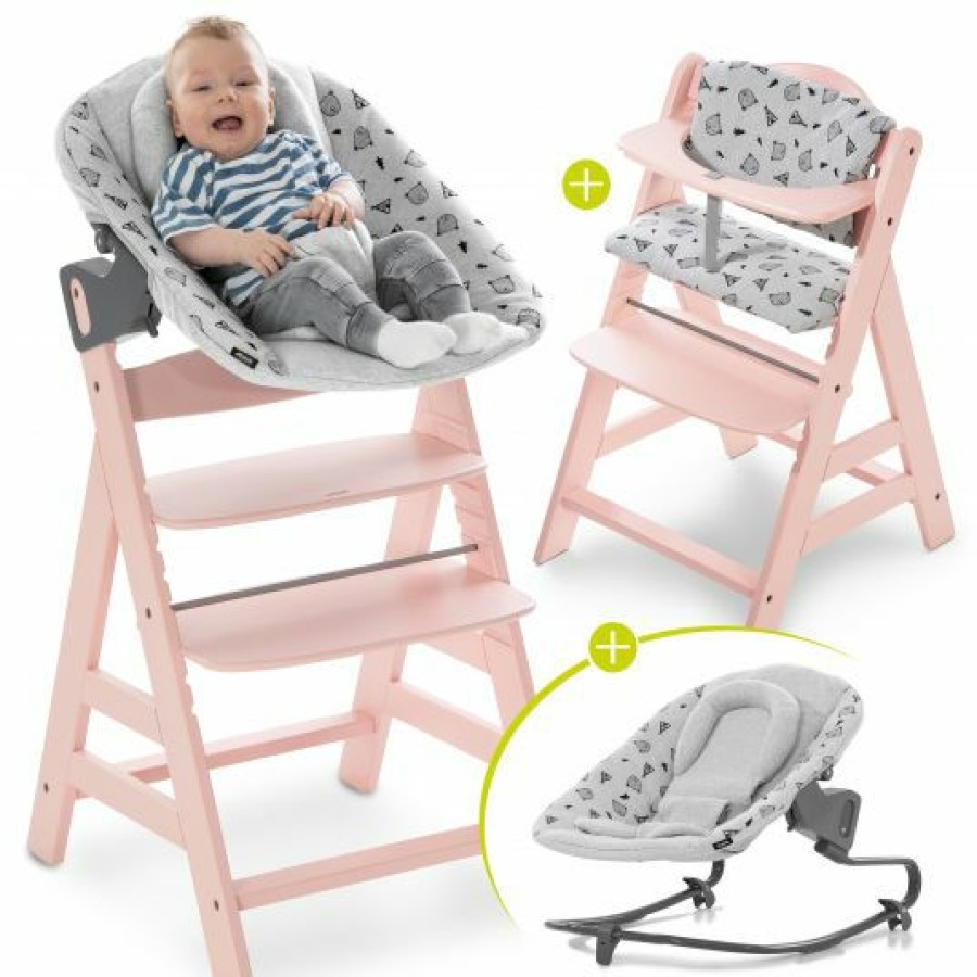 * Hauck Alpha Plus Rose Newborn Set 4-Tlg. Hochstuhl + Aufsatz & Wippe Premium (Verstellbar) Nordic Grey + Sitzpolster