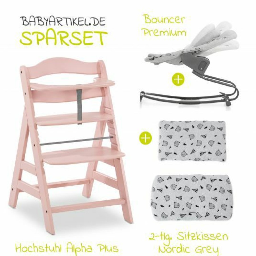 * Hauck Alpha Plus Rose Newborn Set 4-Tlg. Hochstuhl + Aufsatz & Wippe Premium (Verstellbar) Nordic Grey + Sitzpolster