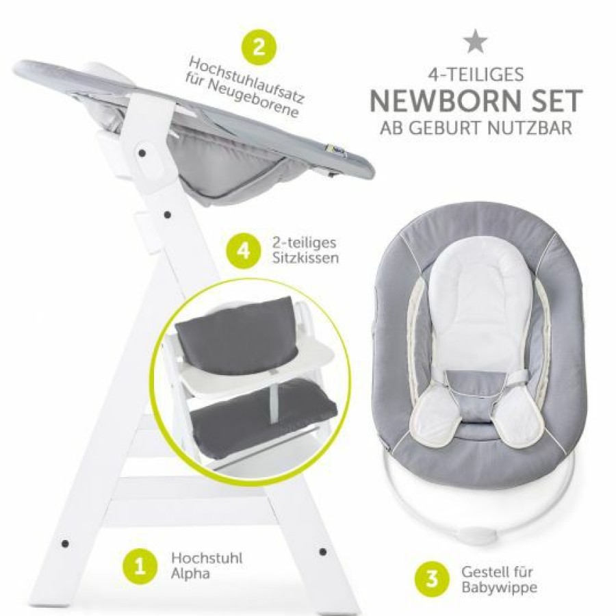 * Hauck Alpha Plus White Newborn Set 4-Tlg. Hochstuhl + Neugeboreneneinsatz & Wippe Stretch Grey + Sitzpolster