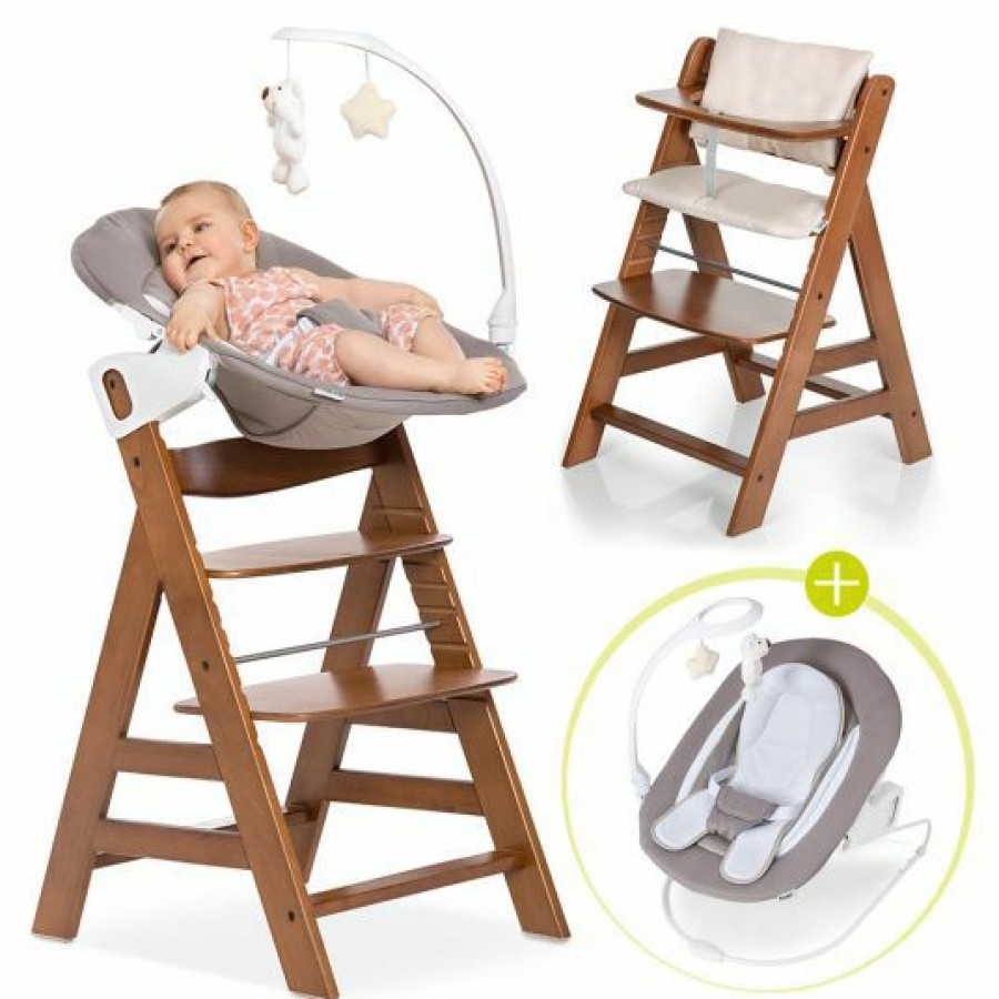 * Hauck Alpha Plus Walnut Newborn Set Deluxe 4-Tlg. Hochstuhl + 2In1 Neugeboreneneinsatz (Verstellbar) + Sitzpolster