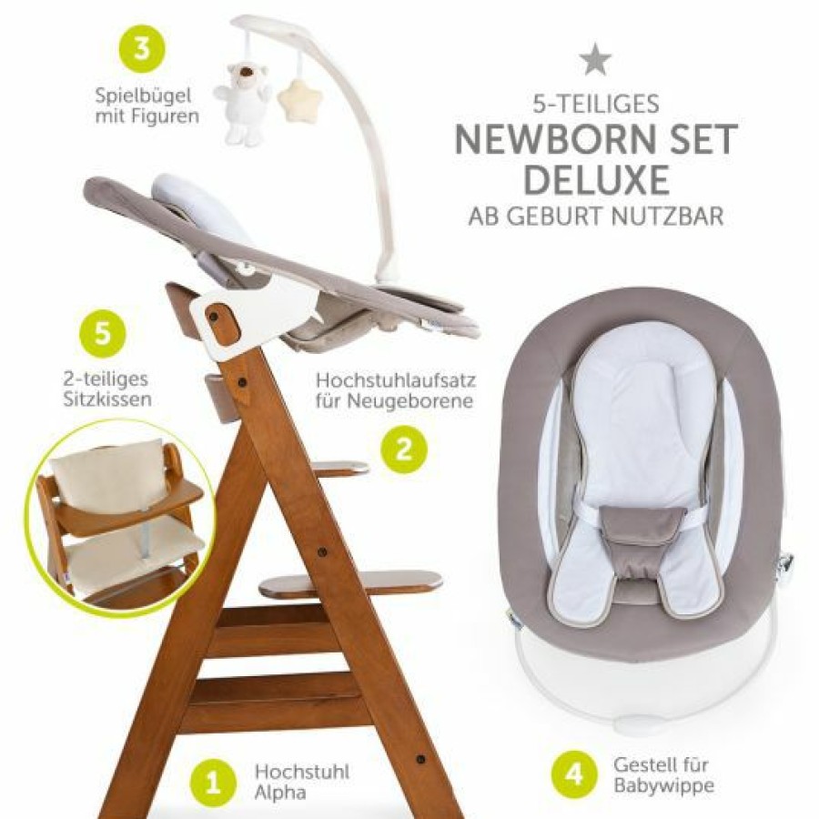 * Hauck Alpha Plus Walnut Newborn Set Deluxe 4-Tlg. Hochstuhl + 2In1 Neugeboreneneinsatz (Verstellbar) + Sitzpolster