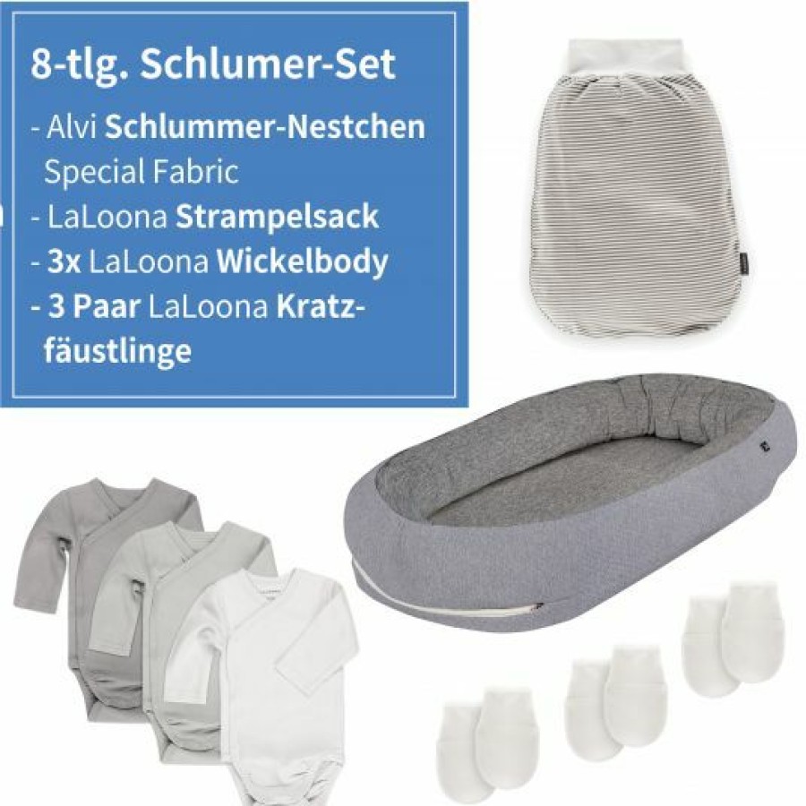 * Alvi 8-Tlg. Schlummer-Set Nestchen + 3 Bodys + Strampelsack + 3 Kratzfaustlinge Grau Weis