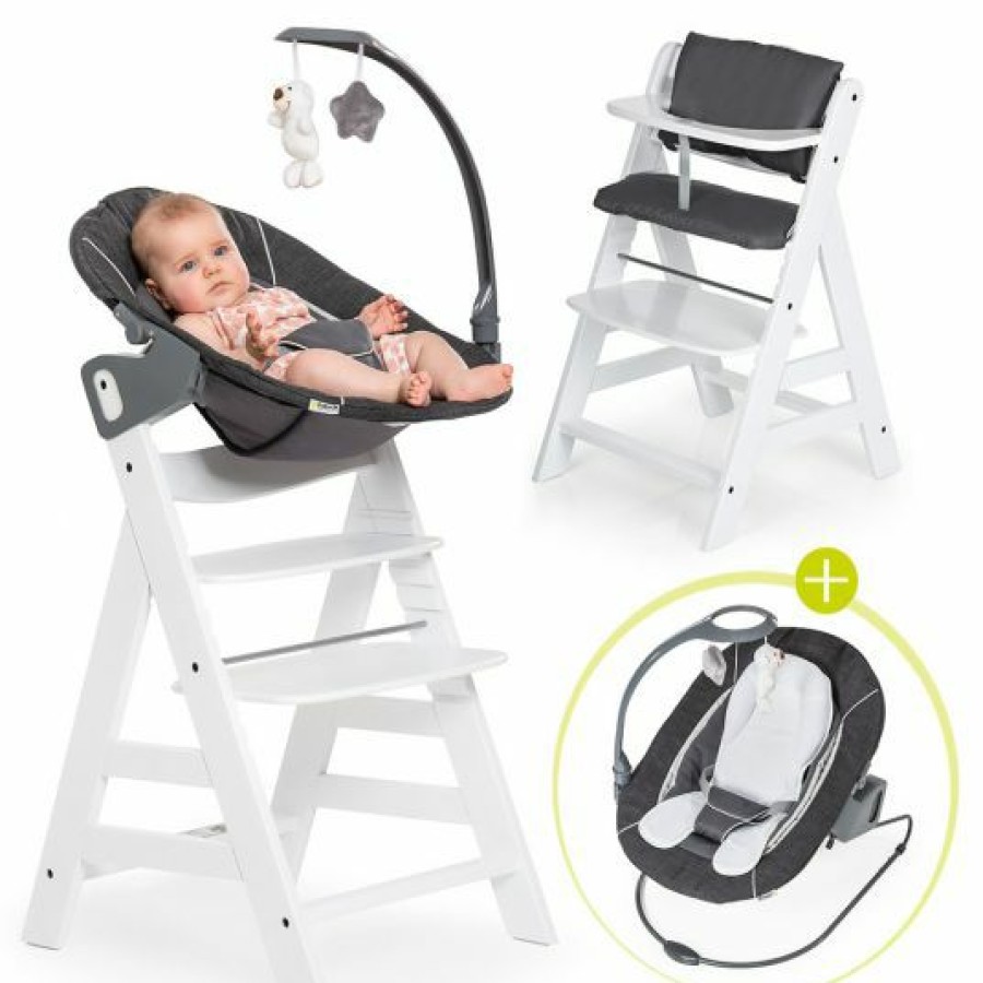 * Hauck Alpha Plus Weis Newborn Set Deluxe 4-Tlg. Hochstuhl + 2In1 Neugeboreneneinsatz (Verstellbar) + Sitzpolster