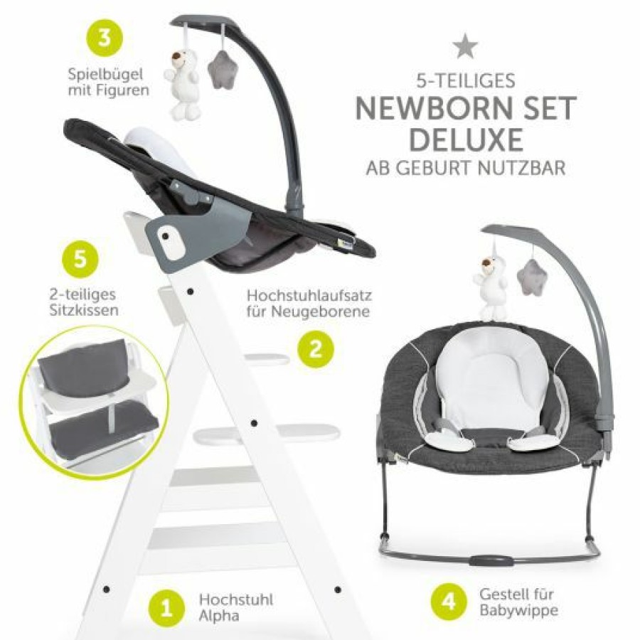 * Hauck Alpha Plus Weis Newborn Set Deluxe 4-Tlg. Hochstuhl + 2In1 Neugeboreneneinsatz (Verstellbar) + Sitzpolster