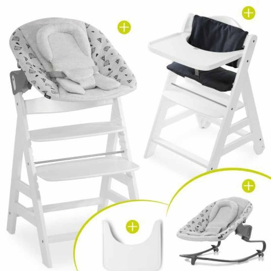 * Hauck Beta Plus White Newborn Set 5-Tlg. Hochstuhl + Aufsatz & Wippe Premium, Essbrett, Sitzkissen Nordic Grey