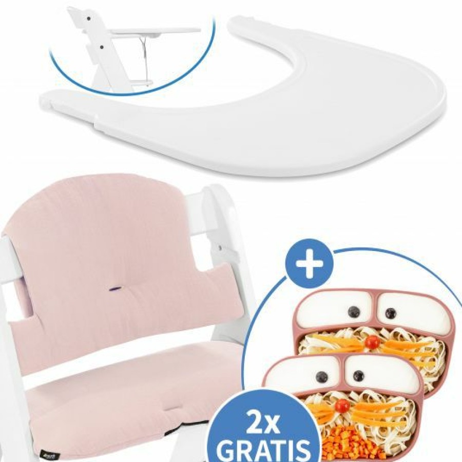 * Hauck 5-Tlg. Essbrett-Set Fur Alpha Plus Click Tray + Sitzkissen + Gratis 2X Silikon-Teller White Muslin Rose