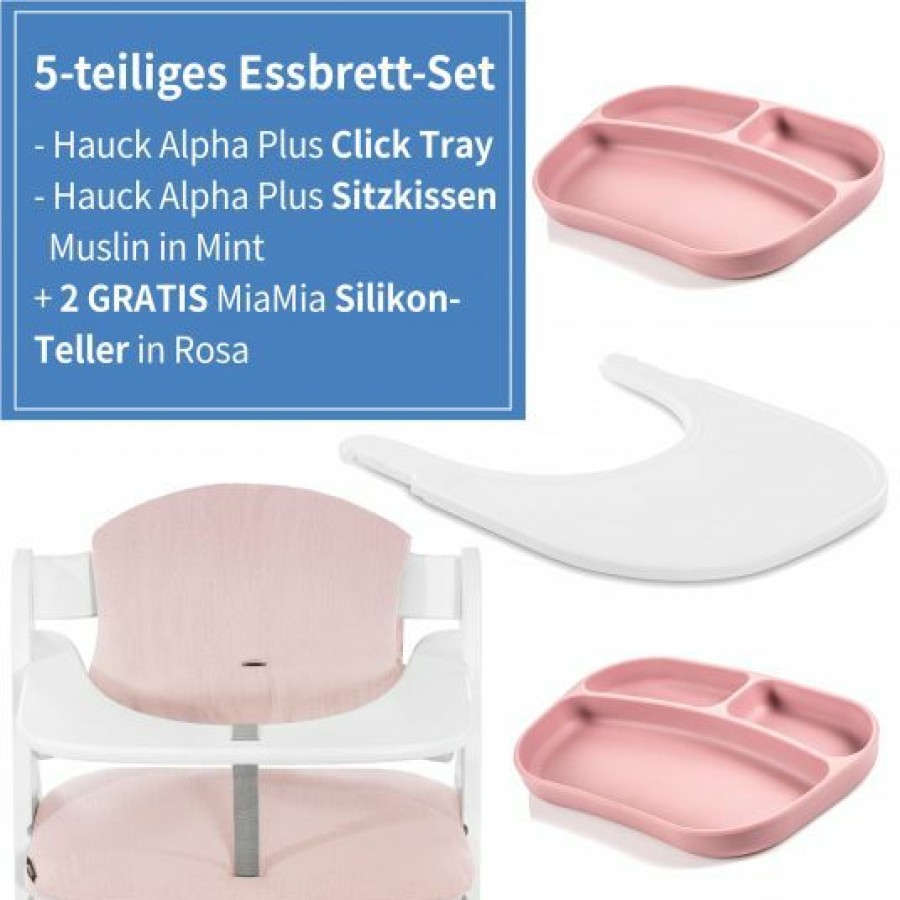 * Hauck 5-Tlg. Essbrett-Set Fur Alpha Plus Click Tray + Sitzkissen + Gratis 2X Silikon-Teller White Muslin Rose