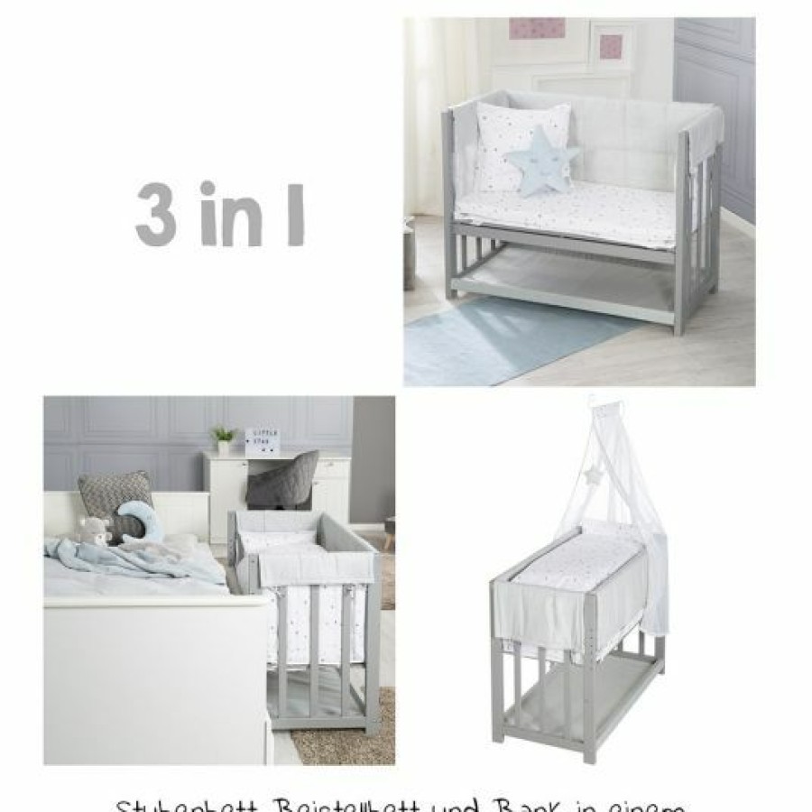 * Roba 3In1 Stubenbett, Beistellbett, Bank & Textile-Ausstattung Sternenzauber Grau Taupe