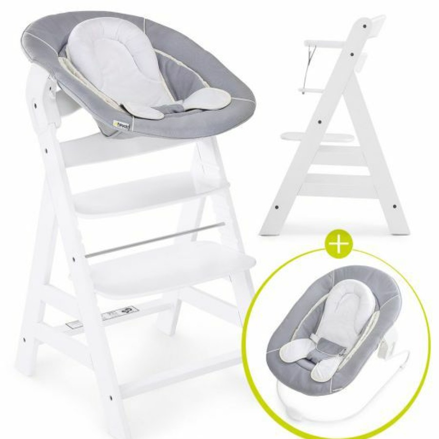 * Hauck Alpha Plus White Newborn Set 3-Tlg. Hochstuhl + Neugeboreneneinsatz & Wippe Stretch Grey