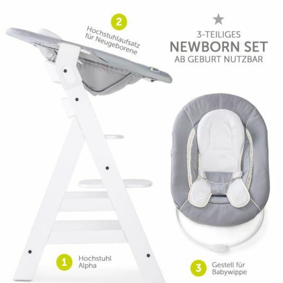 * Hauck Alpha Plus White Newborn Set 3-Tlg. Hochstuhl + Neugeboreneneinsatz & Wippe Stretch Grey