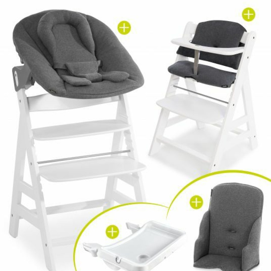 * Hauck Alpha Plus Weiss Xxl Newborn Set Hochstuhl + 2In1 Aufsatz + Alpha Tray Essbrett + Zubehor Jersey Charcoal