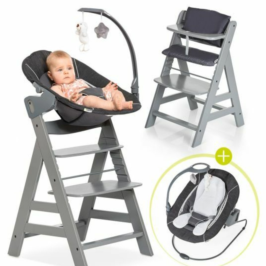 * Hauck Alpha Plus Grau Newborn Set Deluxe 4-Tlg. Hochstuhl + 2In1 Neugeboreneneinsatz (Verstellbar) + Sitzpolster