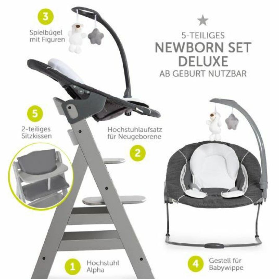 * Hauck Alpha Plus Grau Newborn Set Deluxe 4-Tlg. Hochstuhl + 2In1 Neugeboreneneinsatz (Verstellbar) + Sitzpolster