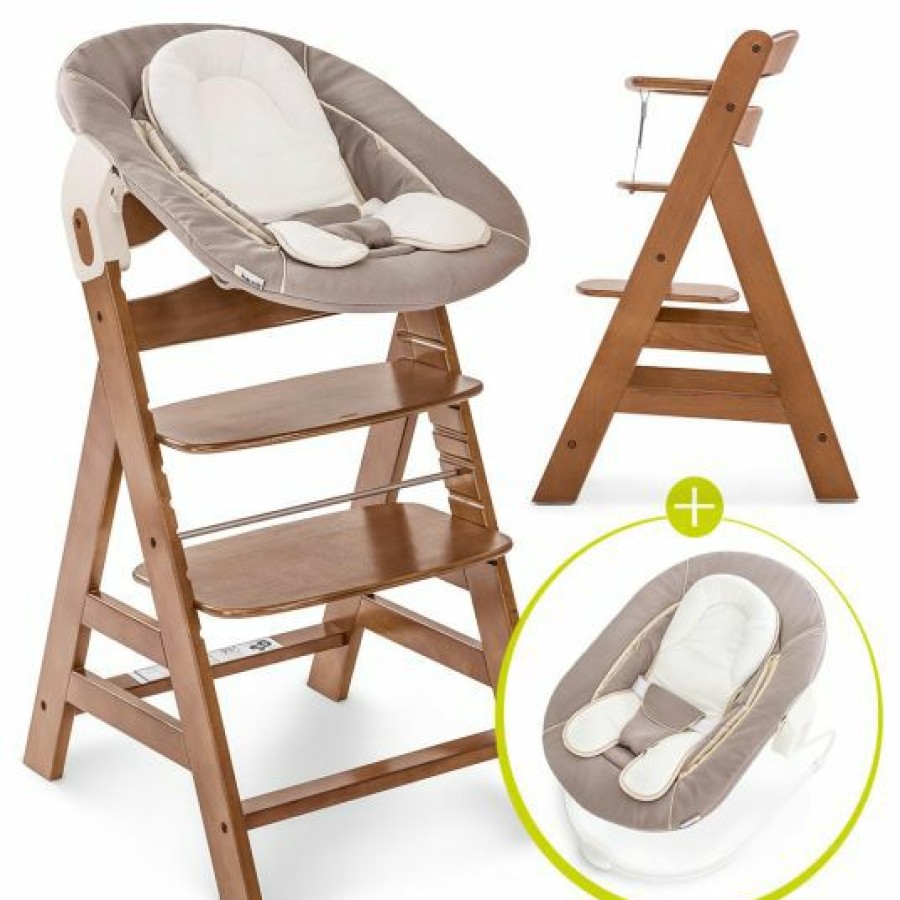 * Hauck Alpha Plus Walnut Newborn Set 3-Tlg. Hochstuhl + Neugeboreneneinsatz & Wippe Stretch Beige