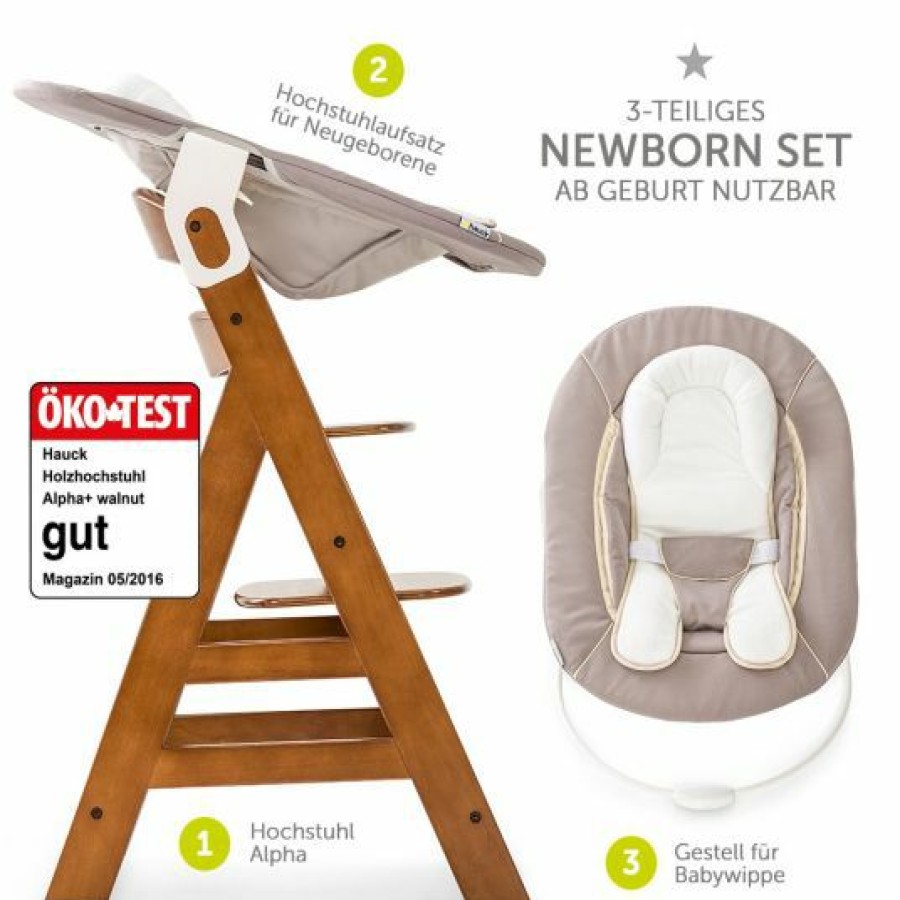 * Hauck Alpha Plus Walnut Newborn Set 3-Tlg. Hochstuhl + Neugeboreneneinsatz & Wippe Stretch Beige