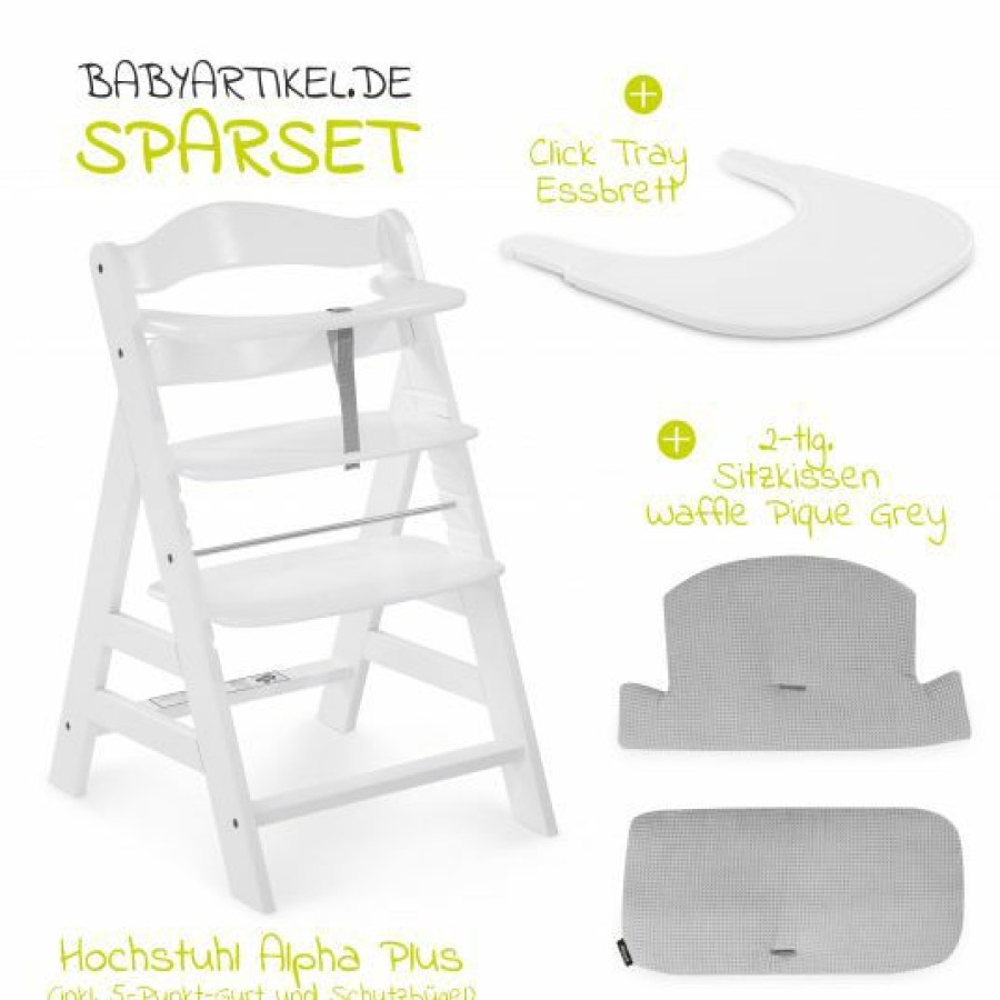 * Hauck Hochstuhl Alpha Plus Weiss Im Sparset Inkl. Essbrett Click Tray Und Sitzkissen Waffle Pique Grey