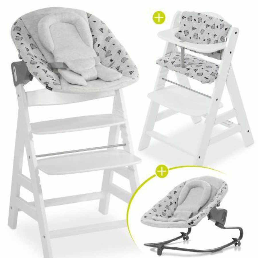 * Hauck Alpha Plus White Newborn Set 4-Tlg. Hochstuhl + Aufsatz & Wippe Premium Nordic Grey + Sitzpolster