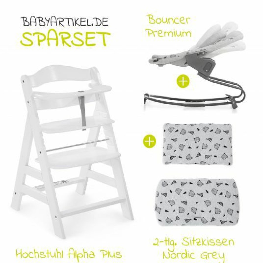 * Hauck Alpha Plus White Newborn Set 4-Tlg. Hochstuhl + Aufsatz & Wippe Premium Nordic Grey + Sitzpolster