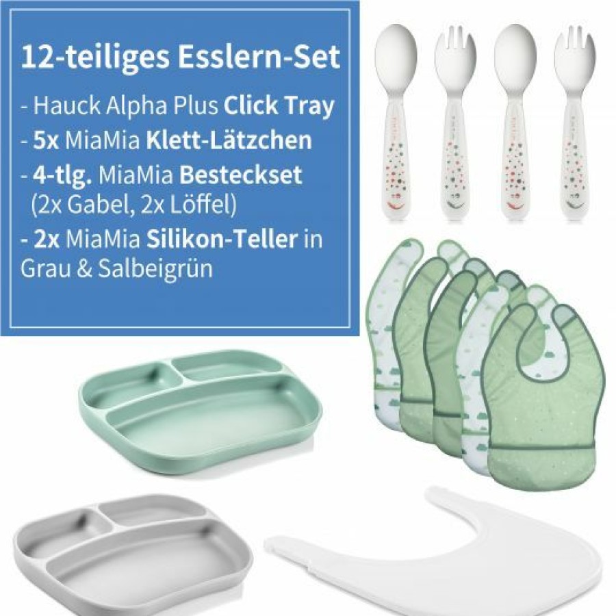 * Hauck 12-Tlg. Esslern-Set Fur Alpha Plus Essbrett Click Tray + 2X Teller + 2X Besteck + 5X Klettlatzchen Weis Grau Salbei