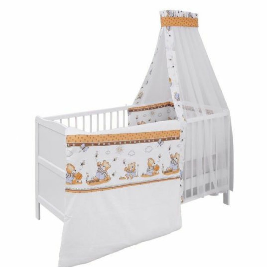 * Jonka Babybett-Komplett-Set Mona Inkl. Bettwasche, Himmel, Nestchen & Matratze 70 X 140 Cm Honigbar Weis