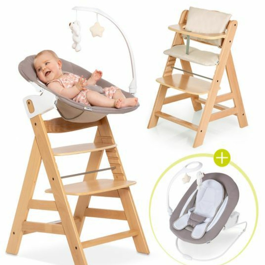 * Hauck Alpha Plus Natur Newborn Set Deluxe 4-Tlg. Hochstuhl + 2In1 Neugeboreneneinsatz (Verstellbar) + Sitzpolster