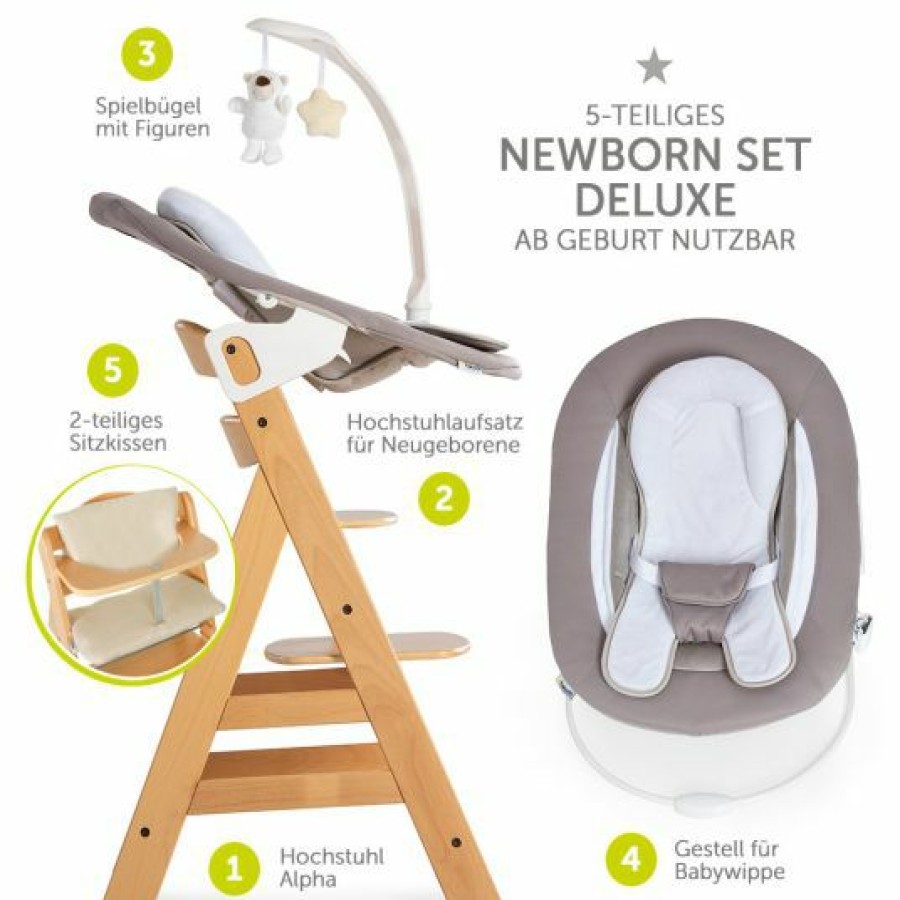 * Hauck Alpha Plus Natur Newborn Set Deluxe 4-Tlg. Hochstuhl + 2In1 Neugeboreneneinsatz (Verstellbar) + Sitzpolster