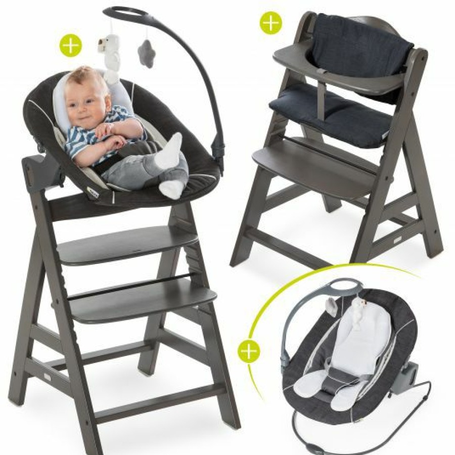 * Hauck Alpha Charcoal Selectline Newborn Set Deluxe 4-Tlg. Hochstuhl + 2In1 Neugeborenenaufsatz (Verstellbar) + Sitzpolster