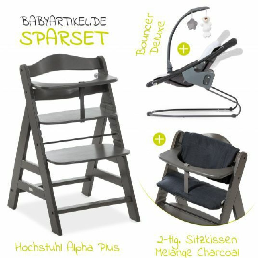 * Hauck Alpha Charcoal Selectline Newborn Set Deluxe 4-Tlg. Hochstuhl + 2In1 Neugeborenenaufsatz (Verstellbar) + Sitzpolster