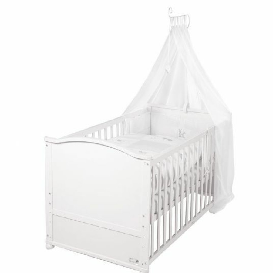 * Roba Baby-Komplett-Bett Lukas Inkl. Bettwasche, Himmel, Himmelstange, Nestchen & Matratze Weis 70 X 140 Cm Fox & Bunny