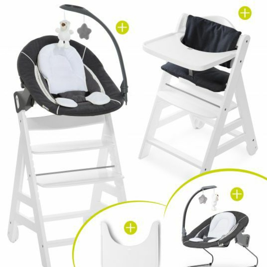 * Hauck Beta Plus White Newborn Set 5-Tlg. Hochstuhl + Aufsatz & Wippe Deluxe, Essbrett, Sitzkissen Melange Grey