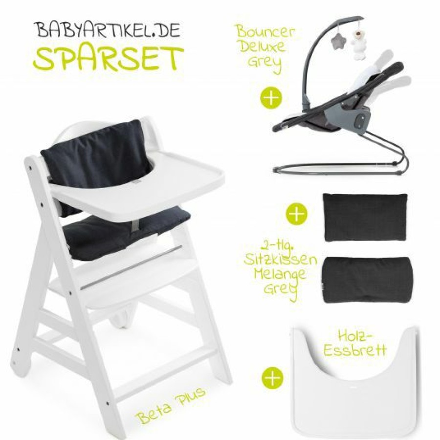 * Hauck Beta Plus White Newborn Set 5-Tlg. Hochstuhl + Aufsatz & Wippe Deluxe, Essbrett, Sitzkissen Melange Grey