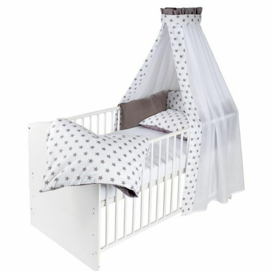 * Schardt Baby-Komplettbett-Set Classic-Line Inkl. Bettwasche, Himmel, Nestchen & Matratze Weis 70 X 140 Cm Big Stars Grey