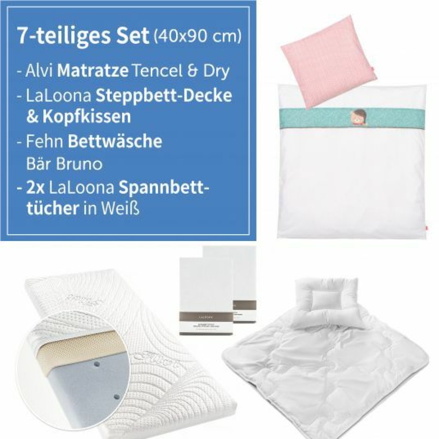 * Alvi 7-Tlg. Komplett-Set Fur Beistellbett & Wiege 90 40 Cm / Matratze + Spannbetttucher + Steppbett-Set + Bettwasche Bar Bruno Weis