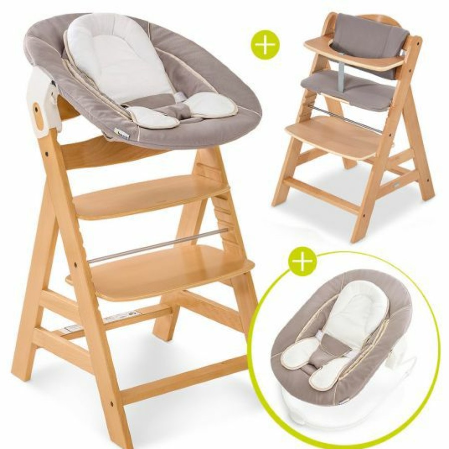 * Hauck Alpha Plus Natur Newborn Set 4-Tlg. Hochstuhl + Neugeborenenaufsatz & Wippe Stretch Beige + Sitzkissen