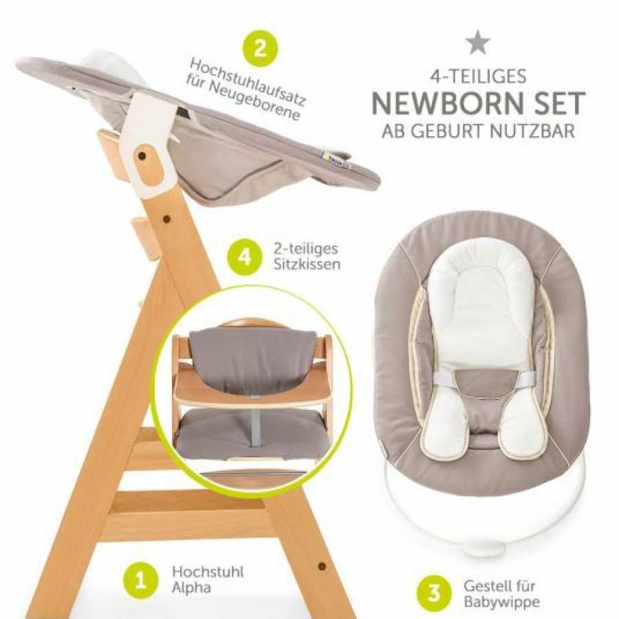 * Hauck Alpha Plus Natur Newborn Set 4-Tlg. Hochstuhl + Neugeborenenaufsatz & Wippe Stretch Beige + Sitzkissen